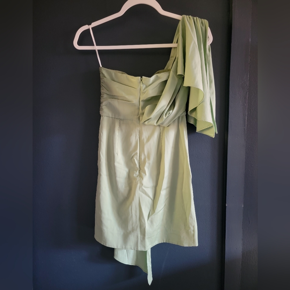 NBD Veroni Mini Dress Mint Green Satin Asymmetrical‎ Hem Drape One Shoulder XXS - Picture 4 of 8
